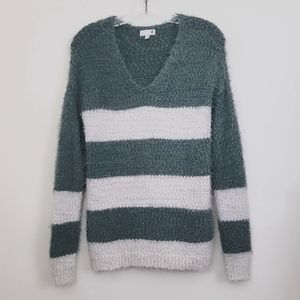 SO Soft Green & White Striped  Fuzzy Knit Pullover Sweater S
